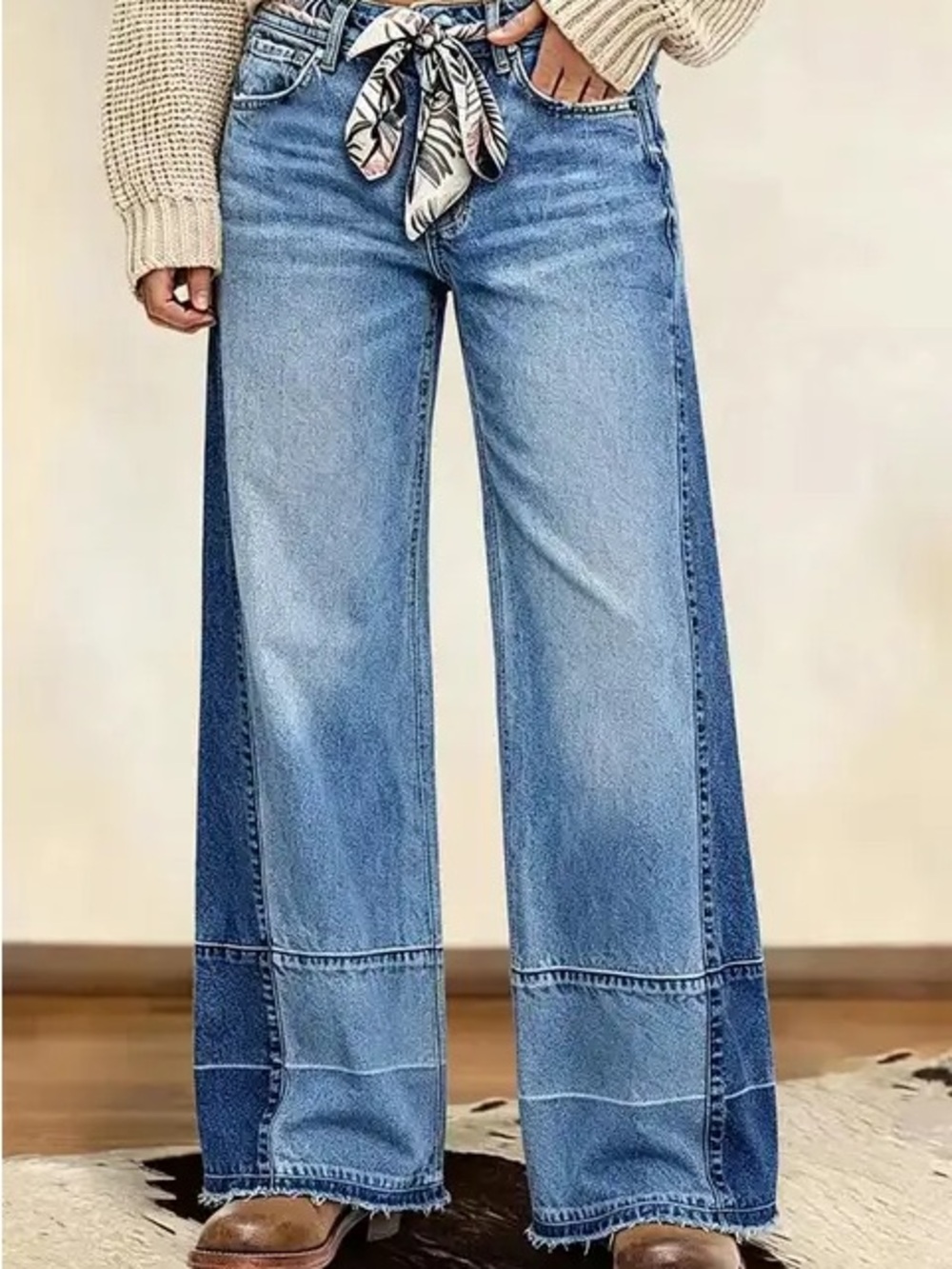 Two-Tone Blue Wide-Leg Patchwork Jeans for Women